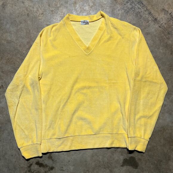 Vintage 80s Neiman Marcus Yellow V-Neck Velour Pullover - Picture 1 of 5